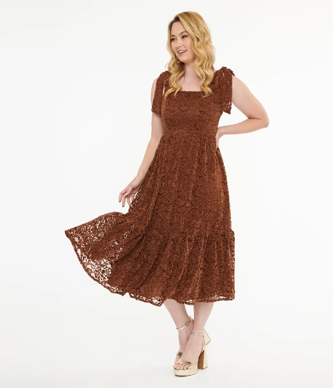 Brown Velvet Lace Midi Dress