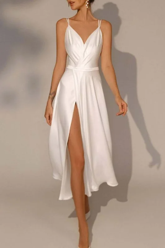 K1333 - V-Neck Spaghetti Straps Ruched Satin A-Line Midi Wedding Dress