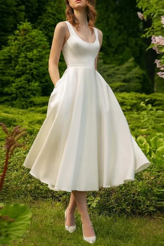 K1340 - Simple Summer Scoop Sleeveless Ruched Satin A-Line Midi Wedding Dress