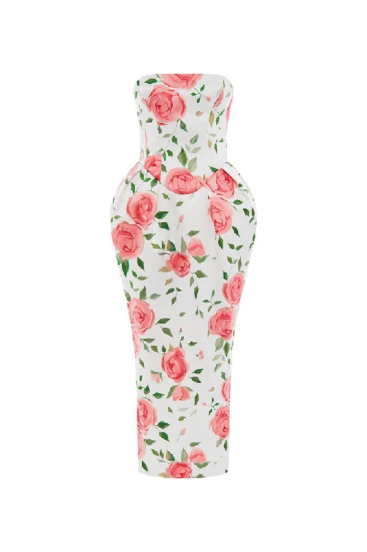 Floral printed satin long midi dress with voluminous skirt