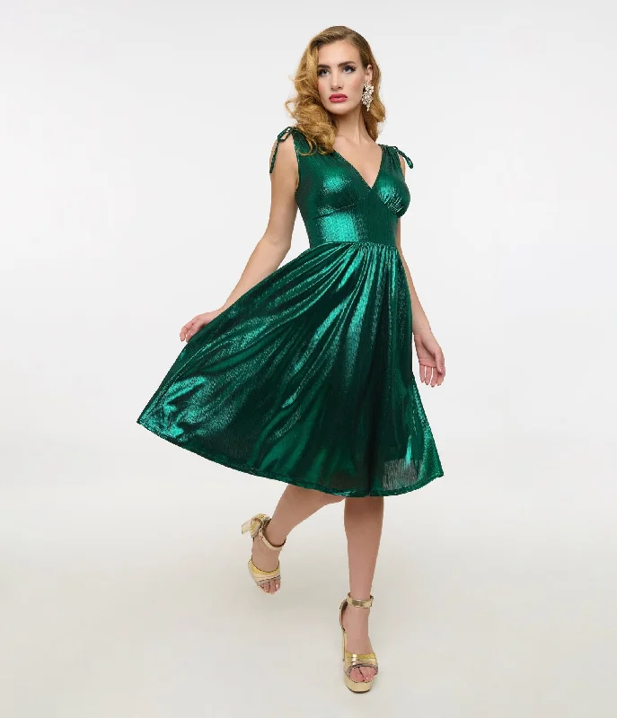 Hell Bunny 1970s Green Metallic Gigi Midi Dress