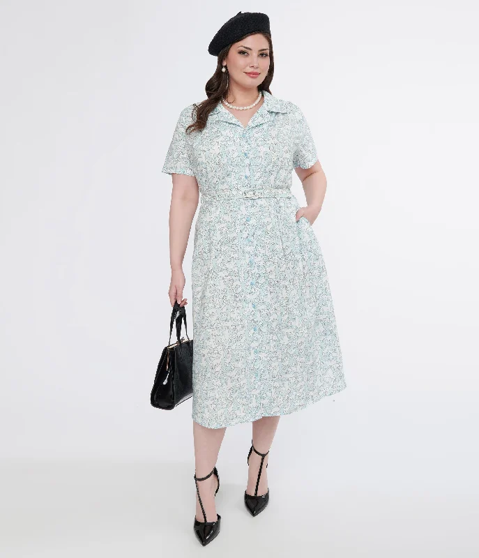 Plus Size 1940s Light Blue & White Cat Print Cotton Midi Dress