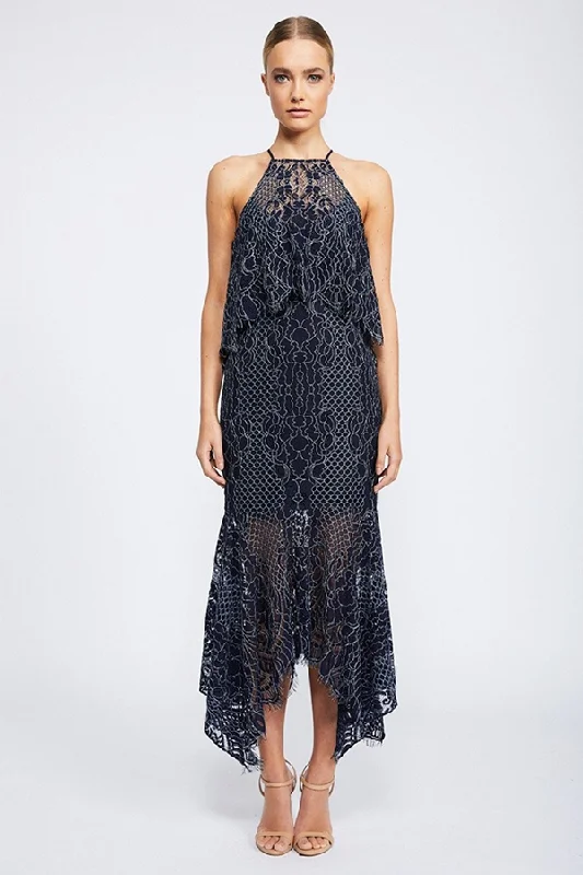 Rent : Shona Joy - Lace High Neck Handkerchief Midi Dress