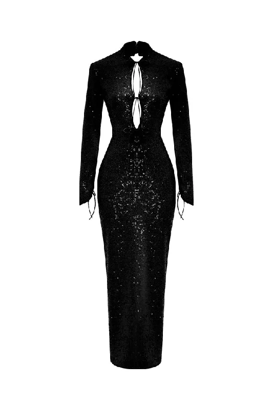 Sequinned long midi dress with cutouts and opened back