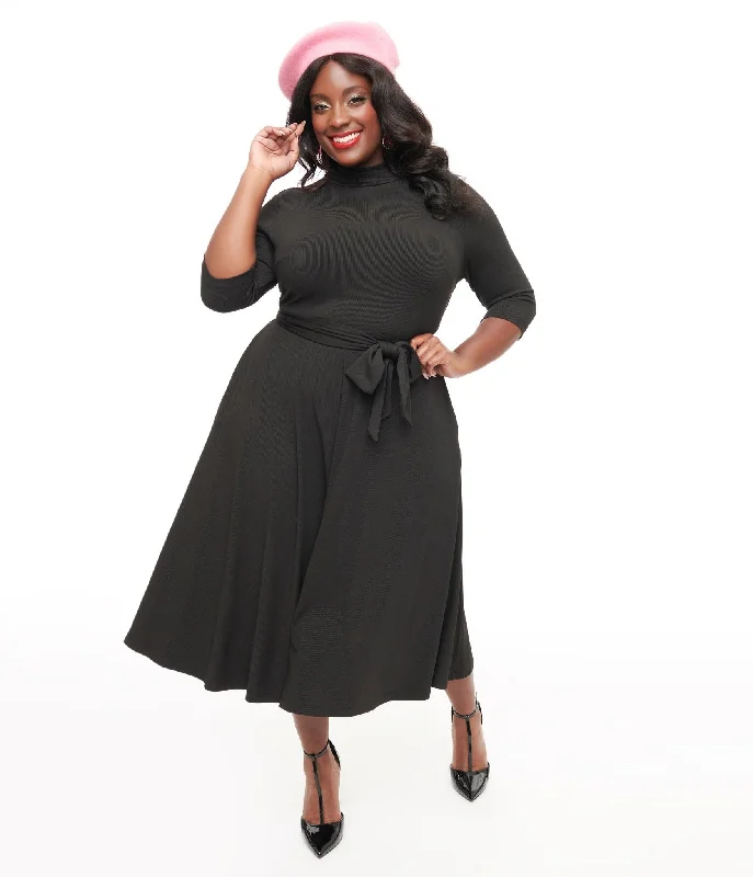 Unique Vintage Plus Size 1950s Black Turtleneck Midi Dress