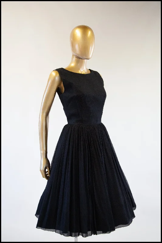 Vintage 1950s Black Silk Chiffon Midi Dress